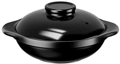 Korean Stone Bowl with Lid, Sizzling Ceramic Hot Pot for Bibimbap & Soup, Multifunctional Clay Casserole Dish for Oven and Stove,2L,Black