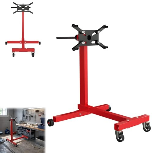Froadp Motorständer Motorheber, Belastbar bis 450 kg, 360° Drehbar mit Haltearm, Getriebeheber Hydraulisch Stabil, Getriebehalter mit Rollen, Werkstatt Motor Reparaturständer für Auto und LKW, Rot