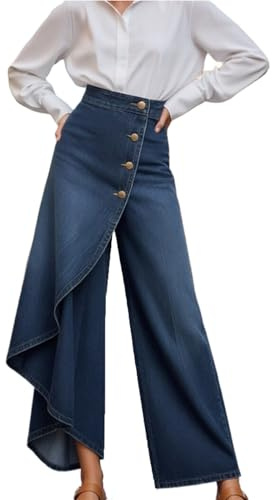 Generisch Pantalones vaqueros de pierna ancha para mujer con dobladillo asimétrico, elegantes faldas, pantalones ligeros Culotte de pierna ancha, pantalones vaqueros holgados, pantalones vaqueros de