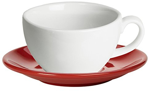 Genware Royal White Cappuccino Cup and Red Saucer 12oz / 340ml - Set of 6 - Coffee Cup with Saucer