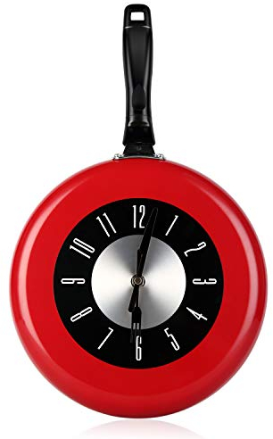 UNIQUEBELLA Novelty Stylish Large Metal Pan Cutlery Wall Clock Sticker Hanging Clock Kitchen Cafe Wall Clock Living Room Red