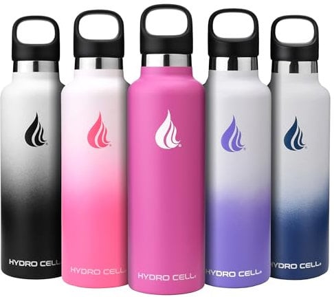HYDRO CELL Stainless Steel Water Bottle with Straw & Standard Mouth Lids (32oz 24oz 20oz 16oz) - Keeps Liquids Hot or Cold with Double Wall Vacuum Insulated Sweat Proof Sport Design (Fuchsia 24oz)