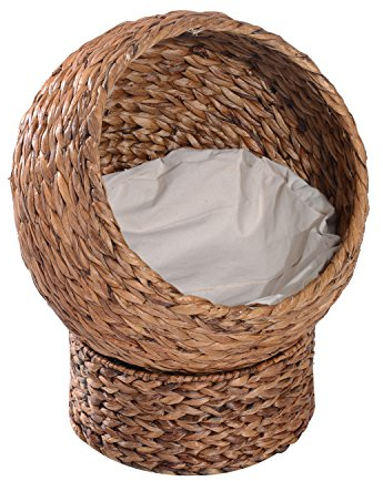 PawHut Rattan Katzenkorb Katzenhöhle Katzenhütte Katzenbett mit Kissen Haustierbett Wasserhyazinthe Braun 42 x 33 x 52 cm