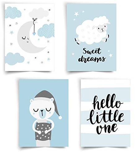 Donari ® - 4er Set Poster für Kinder in A4 - Süße Poster für das Babyzimmer - Bilder mit Tiermotiven und kreativen Sprüchen - Kinderzimmer Deko Junge - Kreatives Babyparty Geschenk