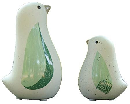 Sitzende Vogel Figur mit grünen Blattflügeln aus Keramik, 2er Set, Tier Statue im Natürlichen Stil, Haus Desktop Garten Ornament Dekor