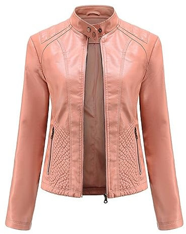 YFFUSHI Femme Veste en Simili Cuir Décontracté Style Motard PU Biker Blouson Cuir en Col Montant,Rose,S