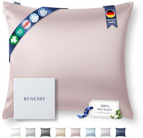 RENESSY Taie d'oreiller en Soie Bio 65x65 cm - 100% Soie de Mûrier Bio, 22 Momme, Naturellement Hypoallergénique, Favorise la Santé des Cheveux et de la Peau, 1 Pièce (Rose Céleste)