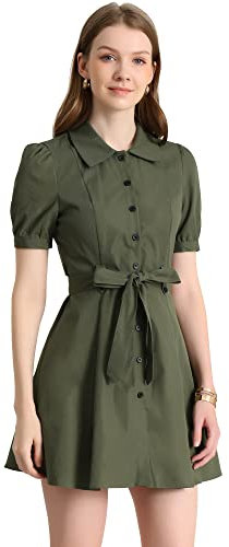 Allegra K Damen mit Puffärmeln Button Down A Linie und Gürtel Hemdkleid Grün M