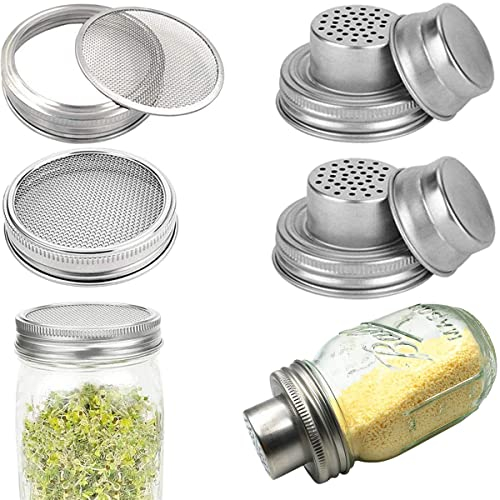 2 Pack Stainless Steel Mason Jar Shaker Lid and 2 Pack Mesh Sprouting Strainer Lids Kits for Wide Mouth and Regular Mouth Mason Jars Canning Lid