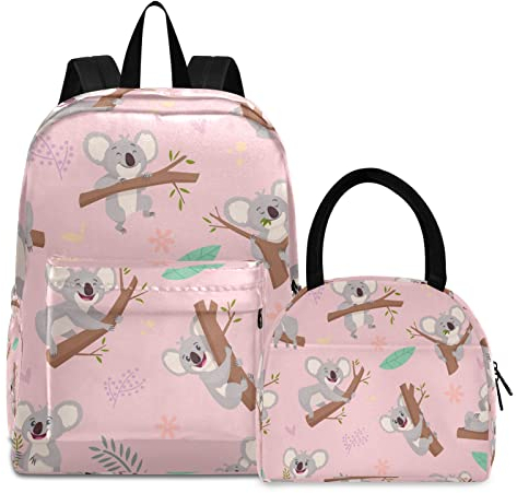 ISAOA Shoolbag with Lunch Bag Set for Boys Girls Cute Koala Animal Pink Children Backpack with Lunchbox Bag Set,Teenager School Backpack for Kids