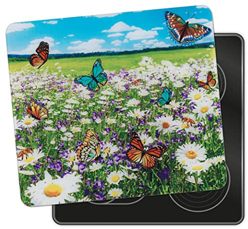 Maximex Herdplattenabdeckung SOMMERWIESE, Schlagfeste Glas Abdeckplatte für Glaskeramik Kochfeld, Multifunktional als Schneidebrett & Spritzschutz Küche Glas ohne Bohren, Universal Herdabdeckplatten