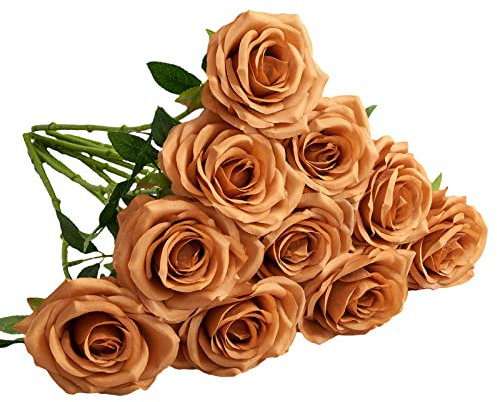 IUKnot Künstliche Rosen, offener Blumenstrauß, künstliche Rosenstiele für Hochzeitsarrangement, Brautstrauß, Tafelaufsatz, künstliche Seidenblumen, 10 Stück, orange-Terrakotta
