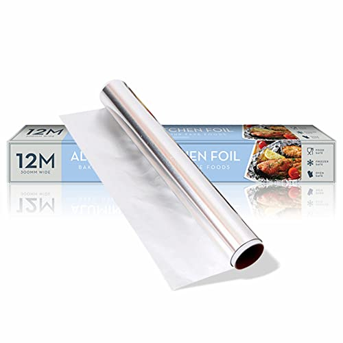 Aluminum Foil Grease Proof Sandwich Wrapping Paper Tin Insulation Silver Roll for Cooking Roasting BBQ Kitchen Catering Caterers Heavy Duty Food Service Nonstick Easy to Cut 2 PCS (12 Meter X 300mm)