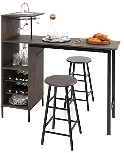 GOPLUS Ensemble Table de Bar et Tabourets 3 Pièces,Table Bistro avec Porte-Verres et Étagères, Table de Comptoir de Cuisine avec 2 Tabourets pour Maison, Salle à Manger, Restaurant, Bar (Marron)