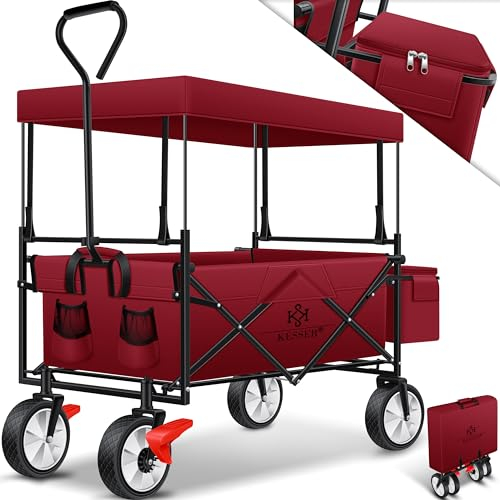 KESSER® Bollerwagen faltbar mit Dach Handwagen Transportkarre Gerätewagen klappbar mit 360° drehbare Vorder-Räder, Vorderrad-Bremse & Vollgummi-Reifen inkl. XXL Außen-Tasche, 2 Netztaschen & Abdeckung