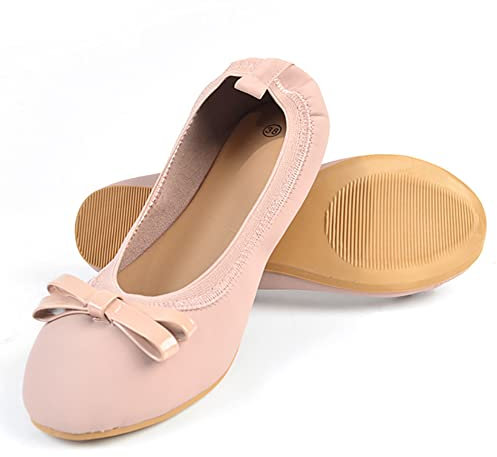 Dernolsea Ballet Flats Women, Ladies Bow Faux Leather Round Toe Foldable Flat Slip On Pumps Dolly Ballerina Shoes Pink Size 4