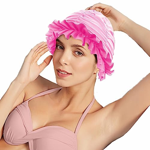 Badekappe Damen Mädchen Badehaube Silikon Schwimmkappe Nicht Wasserdicht Bademütze Stretch Schwimmhaube Ohrenschutz Swimming Cap Retro Badehüte Duschen Pool Schwimmmütze für Lange Haare Strand