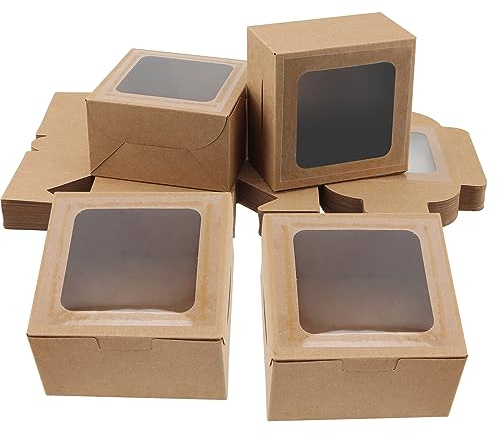 CHEUKYIU 50 Stück Kraftpapier Geschenkboxen mit Sichtfenster, 10x10x6 cm Cupcake Schachtel boxen Muffin Box Verpackung Faltschachtel mit Deckel für Kekse Kuchen Dessert Party Leckereien