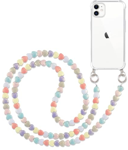 Pnakqil Coque pour iPhone 11 6.1 avec Cordon,Etui avec Collier Chaîne Silicone Transparent TPU Bumper avec Cordage Crossbody Laniere Tour Chaîne Collier Lanyard,Cœur