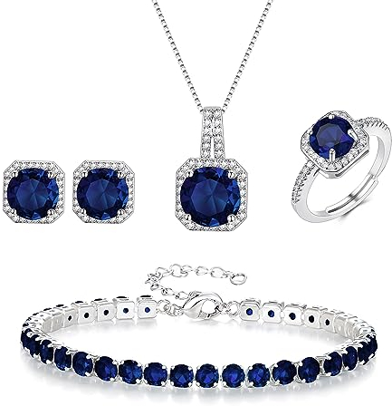 EVER FAITH Hochzeit Quadrat Cubic Zirkonia Schmuck Sets für Braut Brautjungfer, Glamour Anhänger Halskette Ohrringe Tennis Armband Offene Ring für Damen Blau Silber-Ton