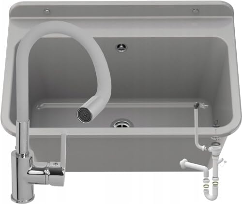 Granitan Ausgussbecken für Garage Keller Werkstatt - Universal Waschtrog mit Siphon - Waschbecken Wandmontage aus Polypropylen - 61x41x30 cm (Grau + FLEX Waschtischbatterie)
