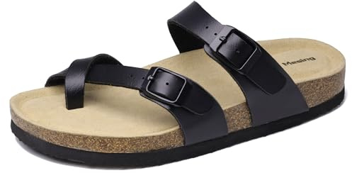 Mesing Mules Tongs Femme en Liège Été Tongs Sandales Plates Boucle Nu-pieds Confortable Cuir Suédé Pantoufles XZ901-Black-EU41