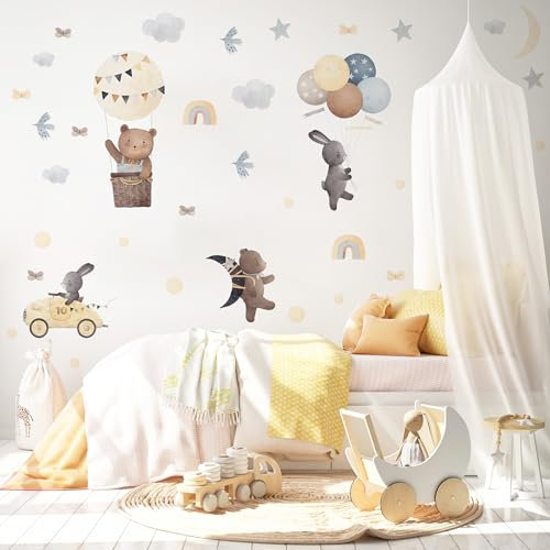 Muralo Sticker Set für Mädchen und Jungen - Aquarell Aufkleber Wandsticker Tattoo für Kinderzimmer - Tiere im Boho-Stil Motiv - Br.120cm x Hö.60cm