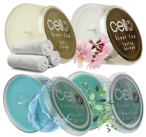 Cello Scent Cup Collection. Tealight Scented Candles. Soft Linen, Crisp Cotton, Ocean Spray & Woodsage & Sea Salt. High Fragrance Tea Lights Candle Tealight & Candle Holders. Candle Gifts for Women.