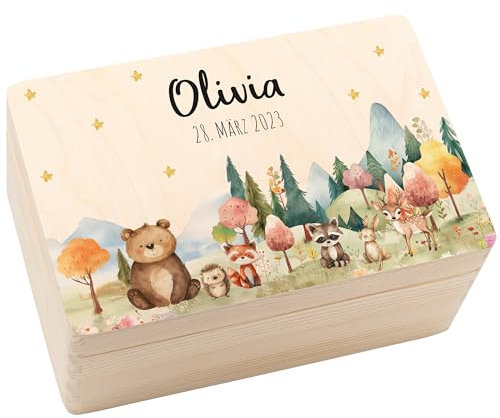 Geschenkfreude Erinnerungsbox Baby Personalisiert - 30x20x14cm - UV-Druck - Individuelle Aufbewahrungsbox - Erinnerungskiste aus Holz - Einzigartige Geschenke zur Geburt - Waldfreunde Lichtung