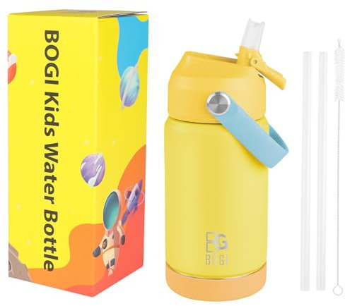 BOGI Kids Metal Water Bottle with Straw, 350ml Kid Stainless Steel Water Bottle for School Leak Proof Insulated Water Bottle for Boys Girls Toddlers Children Keep Drinks 12h Hot & 24h Cold | MYellow
