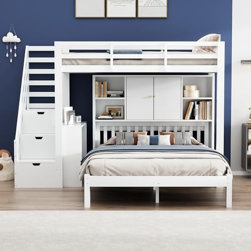 Etagenbett 90x200 & 140x200 für 3 Kinder, Multifunktionsbett Kinderbett mit Stauschrank Bücherregal und Beweglicher Beistelltisch, Hochbett mit Treppe & 4 Schubladen,Jugendhochbett,Ohne Matratze,Weiß