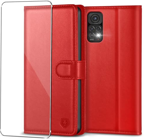 Étui de protection pour téléphone portable Xiaomi Redmi Note 11/Note 11S - Avec film de protection d'écran en verre blindé - En cuir synthétique - Portefeuille - Compartiment pour cartes - Support