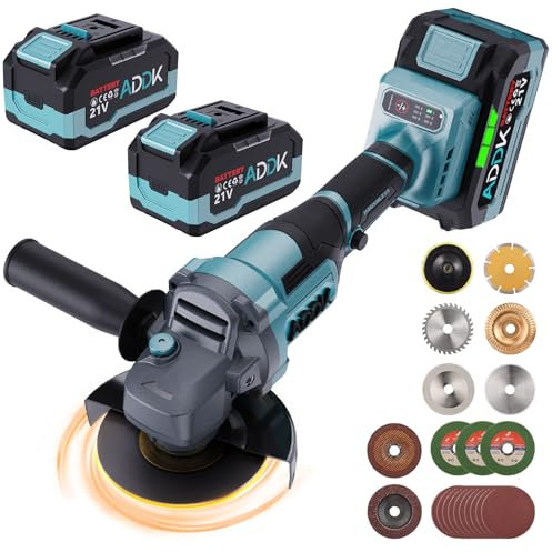 Meuleuse D'angle Sans Fil 125 mm, 21V Meuleuse D'angle avec 2 Batteries 4,0Ah, 6 Positions de Réglage, 9000 tr/min Moteur Brushless Meuleuse à Métaux avec Disques pour Tronçonner, Décalaminer et Ponce