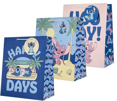 Hallmark Bolsa de regalo grande, paquete de 3, cumpleaños, Disney Lilo & Stitch, Stitch, ángel, azul