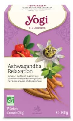 YOGI – Ashwagandha Relaxation Bio – Infusion Relaxante Sans Caféine – Mélange de Ashwagandha, Cerise Acérola & Passiflore – 17 Sachets