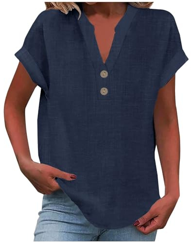AMDOLE Ladies Tops 2025 Women's Summer Cotton Linen Cap Sleeve T-Shirt Button V Neck Tunic Tops Fashion Baggy Solid Plain Casual Shirts Trendy Blouse