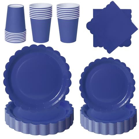 PYAILI 96 Piezas Azul Oscuro Vajilla Fiesta Cumpleaños, Platos y Vaso Cumpleaños Infantil, Set de Party Decoración Platos Servilletas para Navidad, Barbacoas, Fiestas -24 Invitado