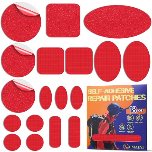 Parches para Ropa Autoadhesivo Rojo, Parche Chaqueta Plumas 18 pzs. | Tela Adhesiva para Tapizar de Nylon, Parche Impermeable Adhesivo para Chaquetas de Plumas, Pantalones, Mochila, Tienda