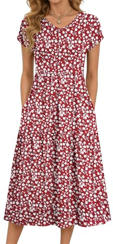PLOKNRD Women's Summer Dress V Neck Tiered Midi with Pockets | V-neck midi with side pockets, soft jersey. Summer fashion essential: relaxed fit for office, holiday, beach & daily wear