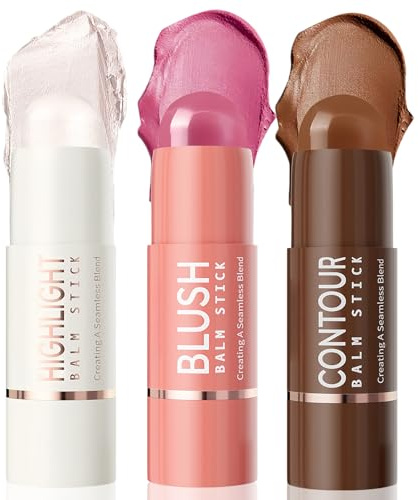 3 Stück Highlighter Contour Rouge Stick Set - Natürlich Konturenstift Gesicht - Blendable Highlighter Stift und Creme Blush Stick - Langanhaltende Wasserdichte Makeup Stift mit Matte Dewy Finish