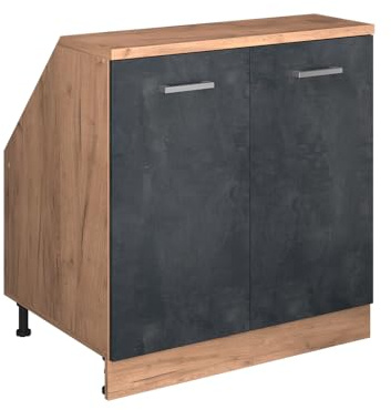 Vicco Küchenschrank für Dachschrägen R-Line, Schwarz Beton, 80 cm mit 2 Türen, Schrankkorpus 60 cm Tiefe, zur freien Kombination innerhalb modularer Küchensysteme
