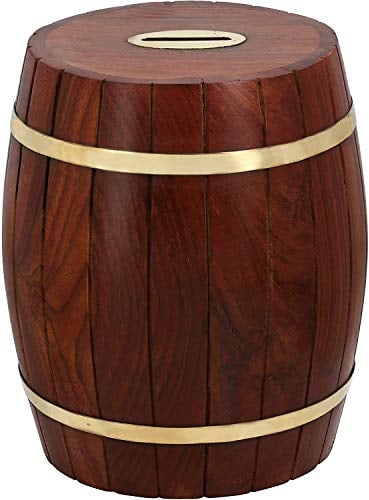 Ajuny handgefertigtes Sheesham -Holzfassform -Schweinebank mit Messingakzenten - 7 x 5 x 5 Zoll - Vintage inspirierte Holzgeldbank/Münzhalter - für Kinder und Erwachsene