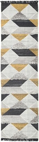 RugVista, Isha, Teppich, Hochflor Teppich, 80 x 300 cm, Läufer, Moderner Kelim Teppich, Wolle, Flur, Schlafzimmer, Küche, Wohnzimmer, Gold, Grau