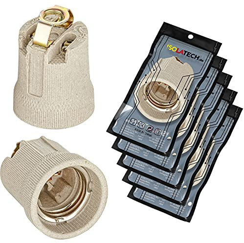 ISOLATECH 5Stk E27 Keramik Fassung mit Befestigungsbügel und M10x1 Innengewinde LED Energiesparlampen (max.250V/4A) Leuchtmittel für Home Decke Badezimmer Küche Kühlschrank einbauen hitzebeständig