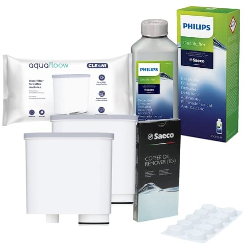 Pflegeset für Kaffeevollautomaten Philips Kaffee-Öl-Entferner Tabletten, Entkalkungsflüssigkeit Decalcifier 250ml und 2 Aquafloow-Filter für Saeco AquaClean Kaffeemaschine