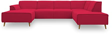 DOMO. collection Wohnlandschaft Jules FK, skandinavisches Sofa mit Federkern, Couch in U-Form mit Holzfüßen, 333 x 191 x 81 cm (BxTxH), Longchair links, rot