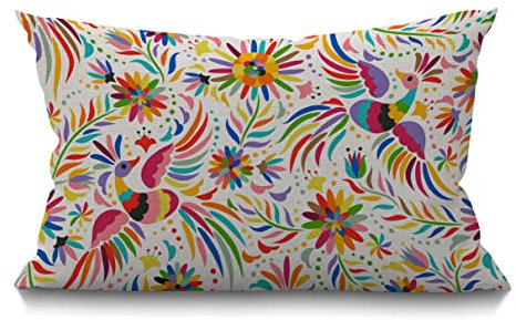Smooffly Mexikanische Blumen Bauernhaus rechteckig Ethno-Kunst Vögel und Paisley Blumen dekorativer Kissenbezug 30,5 x 50,8 cm