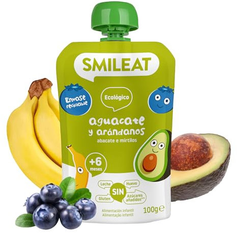 Smileat - Pouch de Frutas Ecológicas - Sin Sal ni Azúcar Añadido, Sin Gluten - Snack Práctico para Peques - Sabor a Aguacate y Arándanos