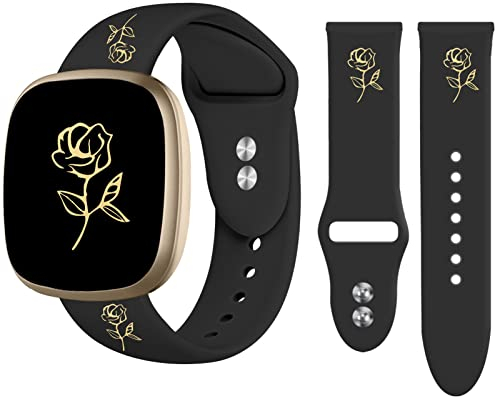 Vozehui Armband Kompatibel mit Fitbit Versa 3/Versa 4/Fitbit Sense 2/Sense, Silikon Goldfarbenes Herzmuster Bedrucktes Ersatz Sportarmband für Fitbit Versa 3/Versa 4/Fitbit Sense 2/Sense, Schwarz
