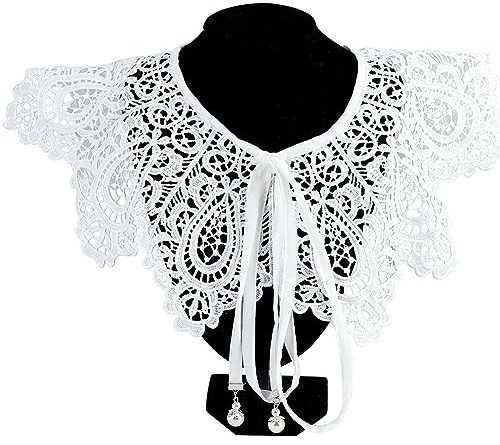 GORGECRAFT Blumen-Spitze Falscher Kragen Ausgehöhltes Design Weißer Abnehmbarer Falscher Kragen Kordelzug Mit Imitationsperle Mini-Blumenspitze Cape-Ausschnitt Für Damen Kleid Hemd Nähen Applikationen
